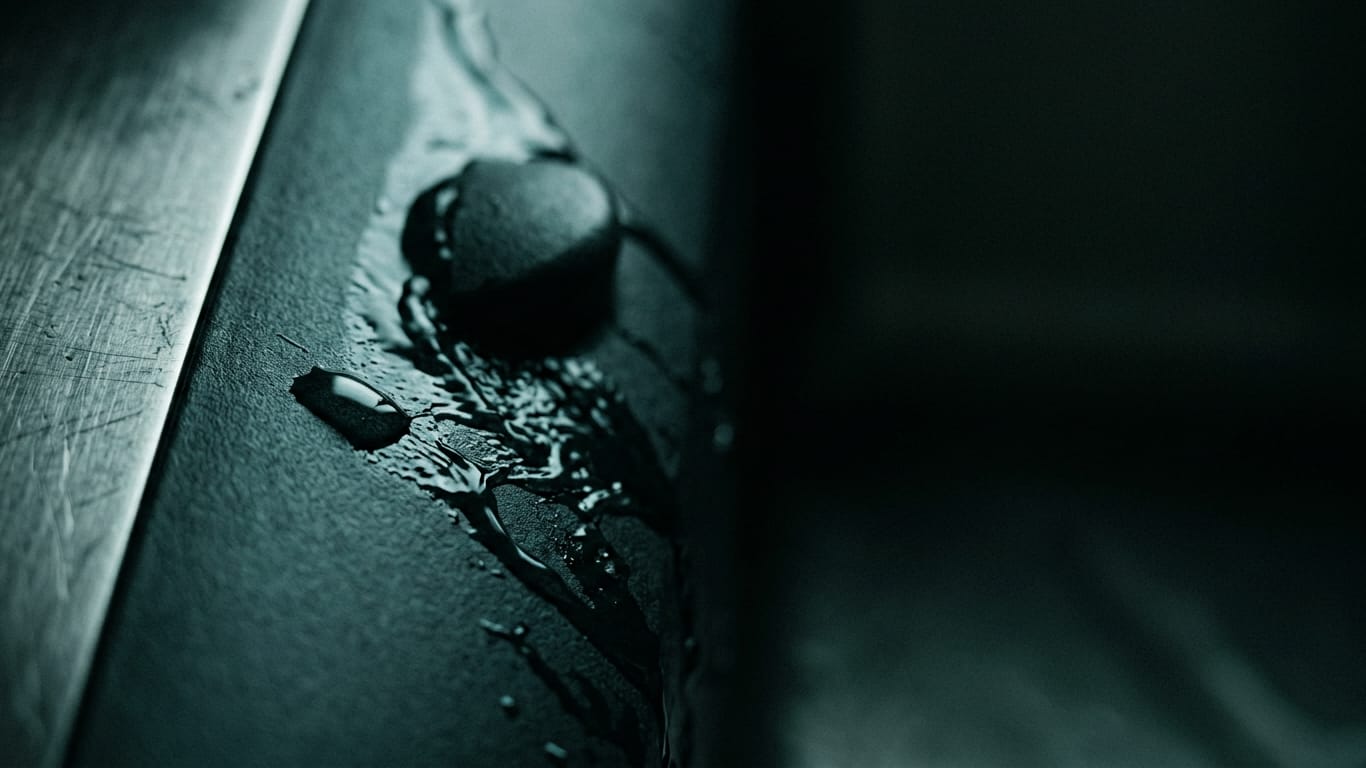 Illustration for this article: AI error in production or output. Water sheeting down a matte dark surface, breaking around an unseen obstruction.