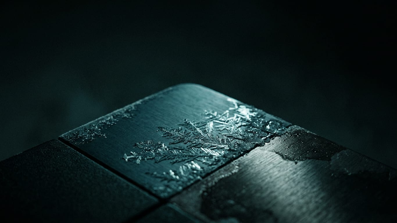 Illustration for this article: AI explanation is not proof. Frost crystals spreading across a dark anodised panel, one corner already thawed.