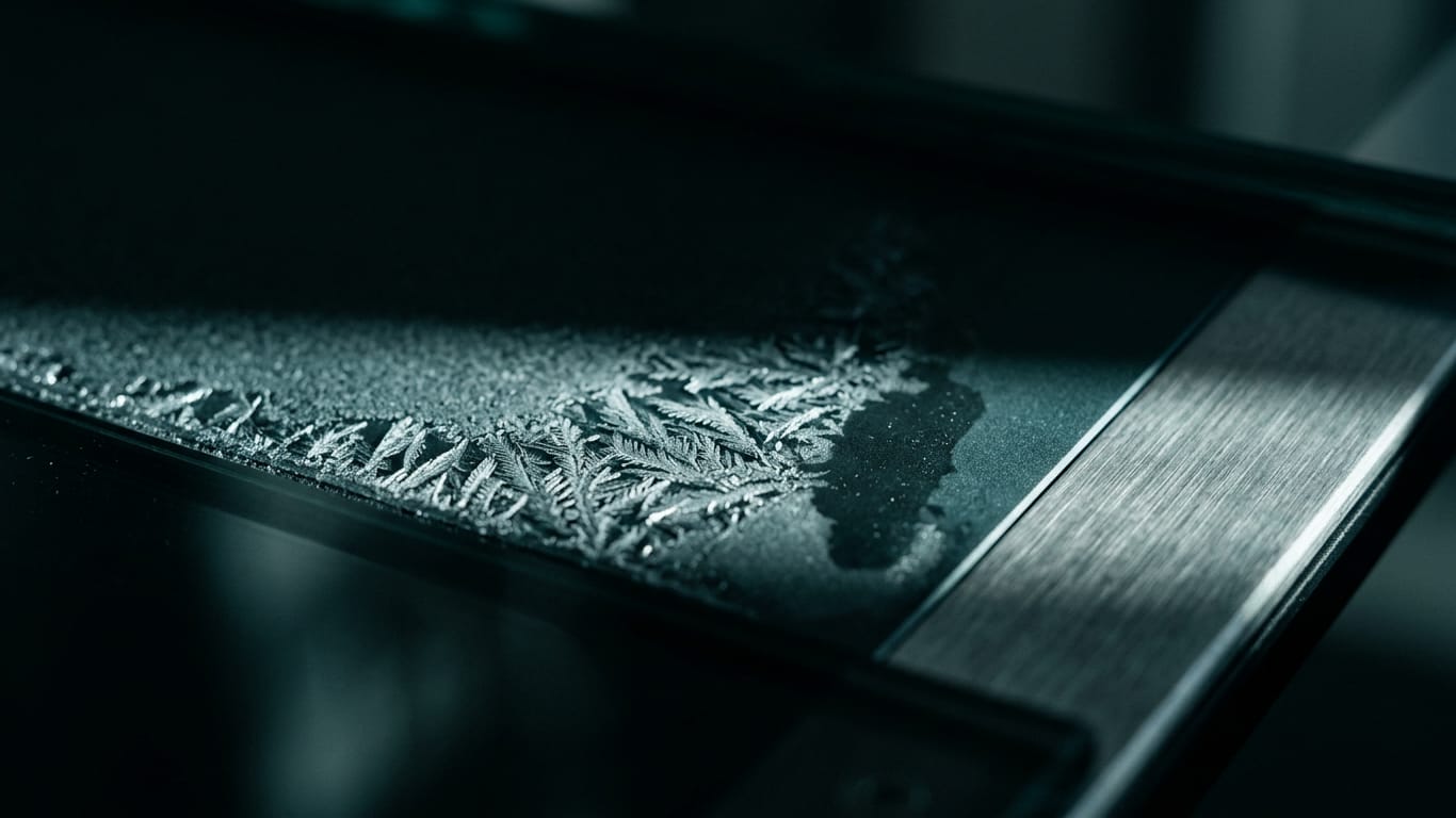 Illustration for this article: AI for Legal Research. Frost crystals spreading across a dark anodised panel, one corner already thawed.
