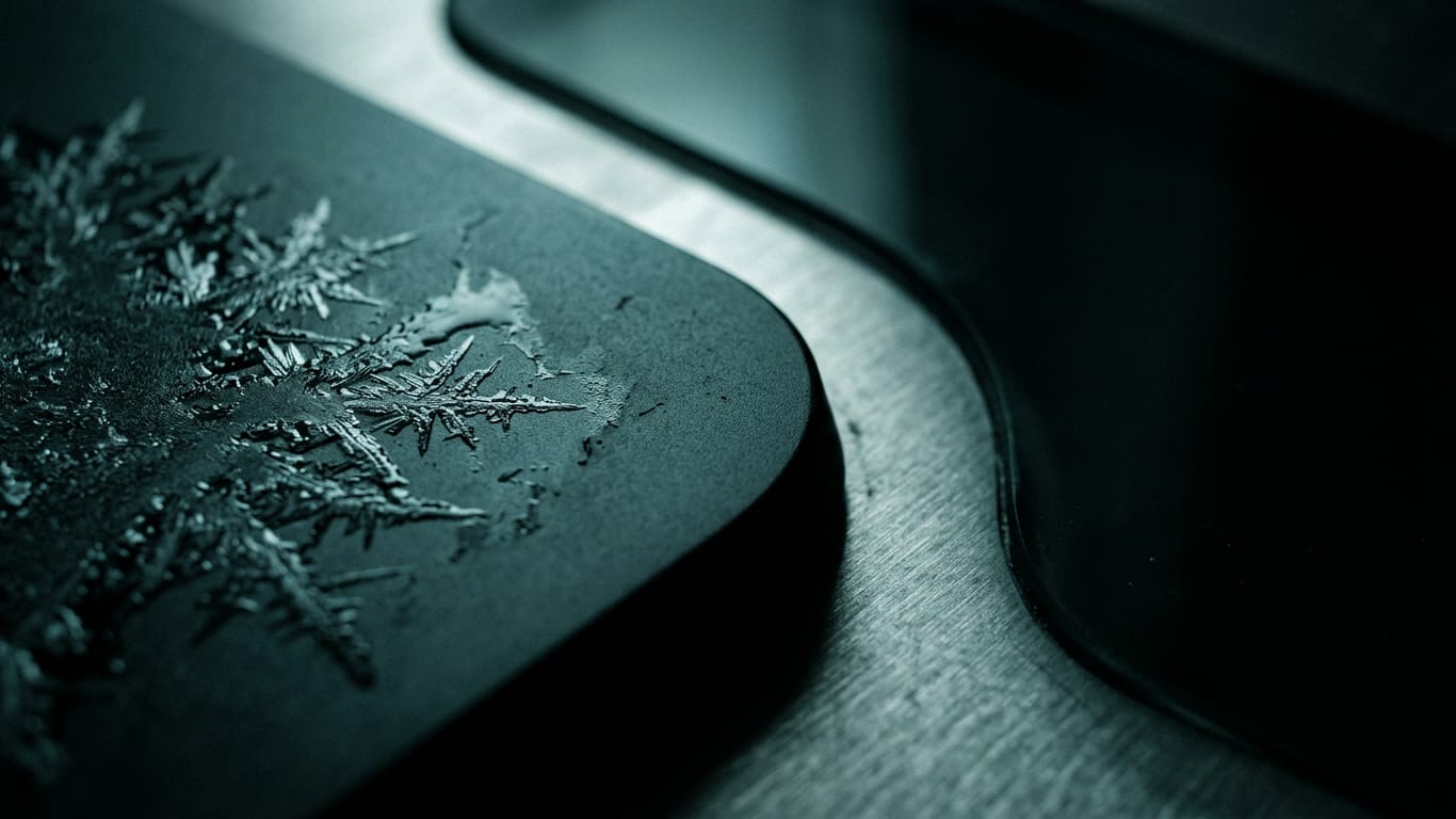 Illustration for this article: AI literacy after the Digital Omnibus. Frost crystals spreading across a dark anodised panel, one corner already thawed.