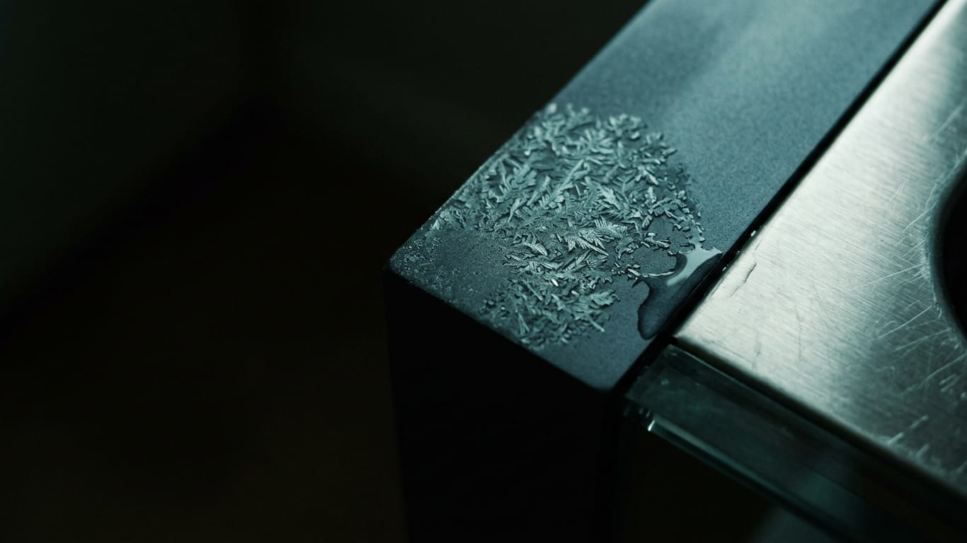 Illustration for this article: AI opinion pieces on your desk. Frost crystals spreading across a dark anodised panel, one corner already thawed.