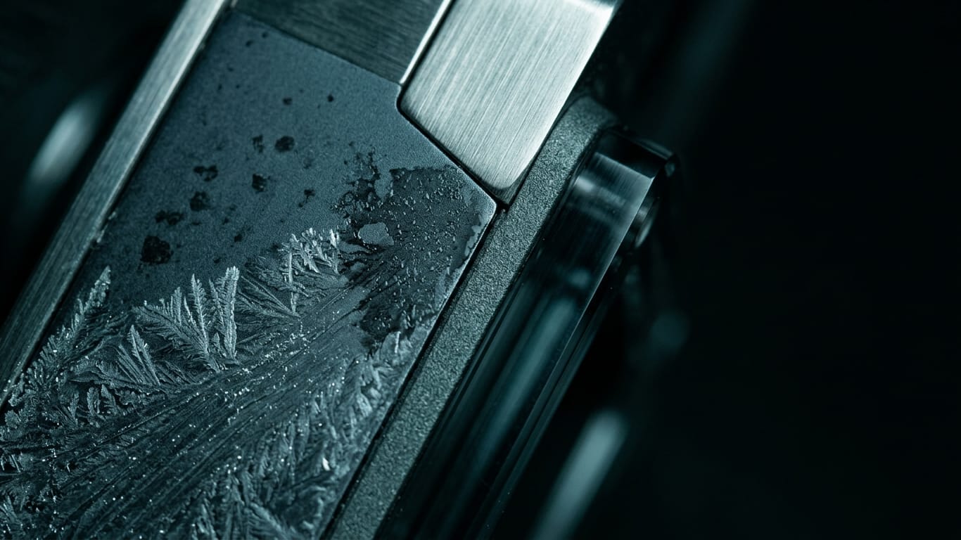 Illustration for this article: AISI paused highest-risk evaluations when AI agents. Frost crystals spreading across a dark anodised panel, one corner already thawed.