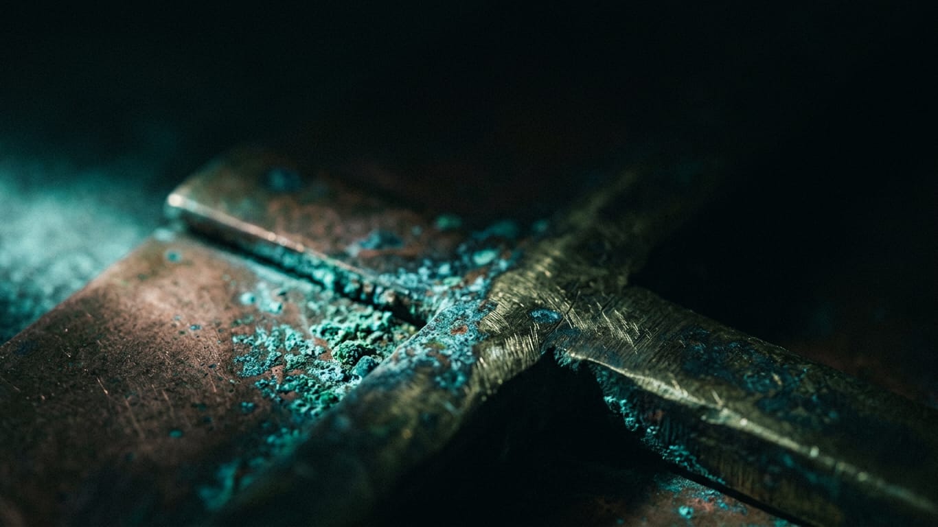 Illustration for this article: Astra for Law forces firms into governance per matter. Oxidised copper and patinated brass sheet, corrosion blooming across the surface.