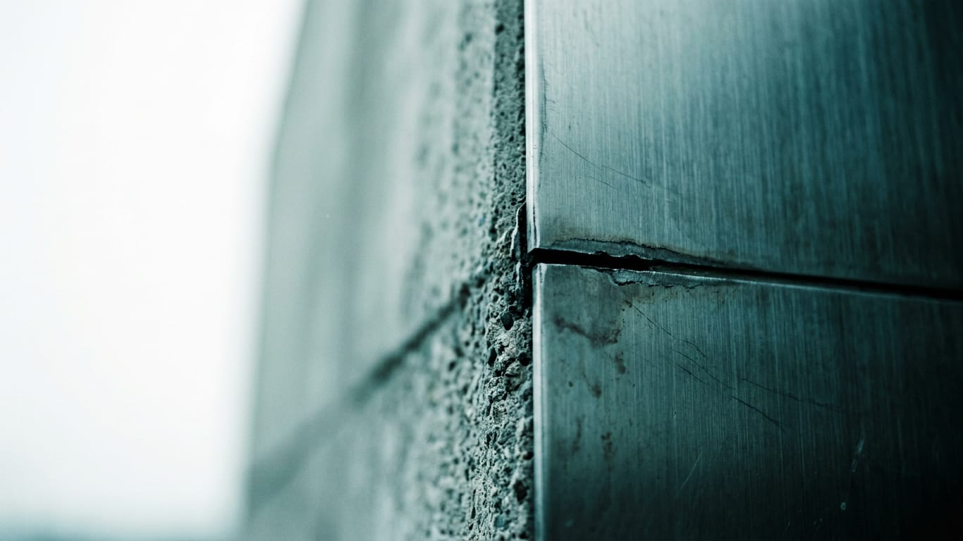 Illustration for this article: Audit trail software may create an appearance of control. Poured concrete meeting brushed steel at a tight seam, the joint slightly misaligned.