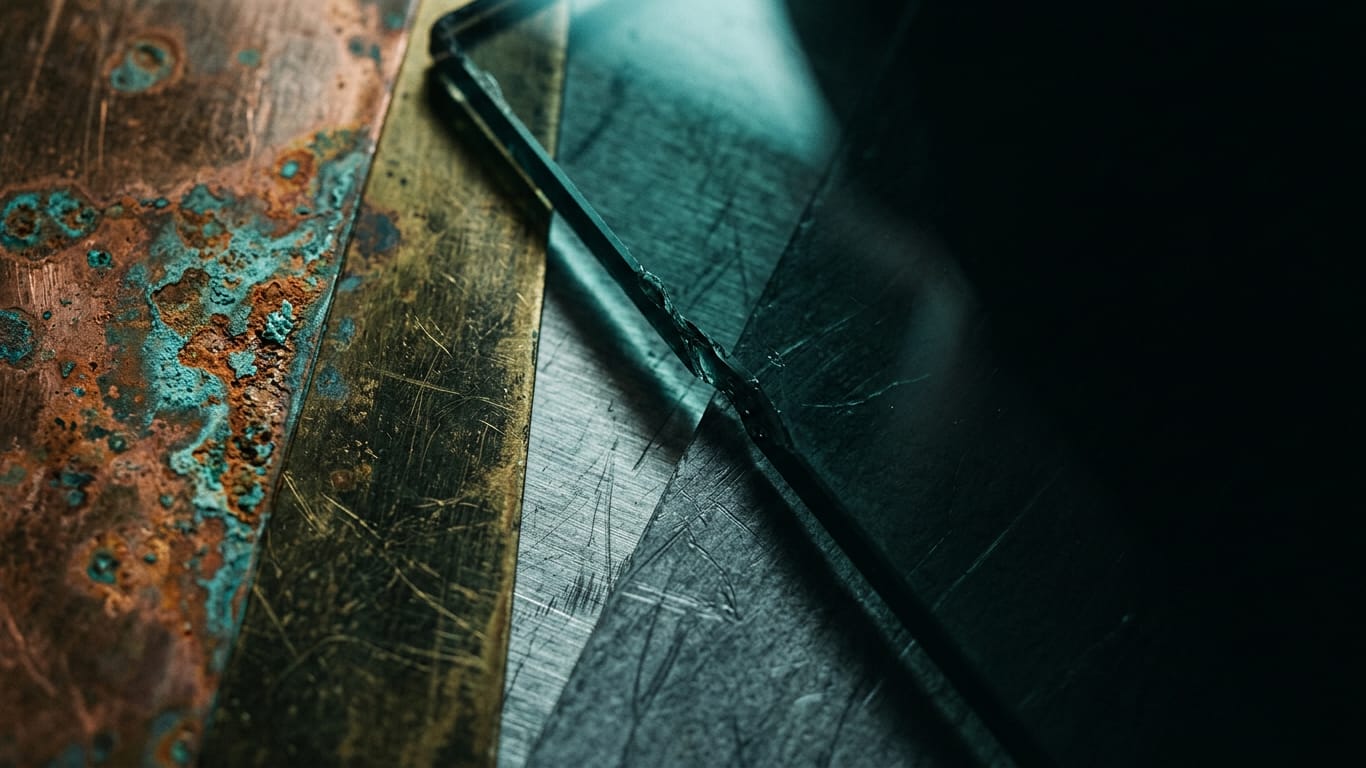 Illustration for this article: Benchmarks show generative AI cannot calculate spreadsheets. Oxidised copper and patinated brass sheet, corrosion blooming across the surface.