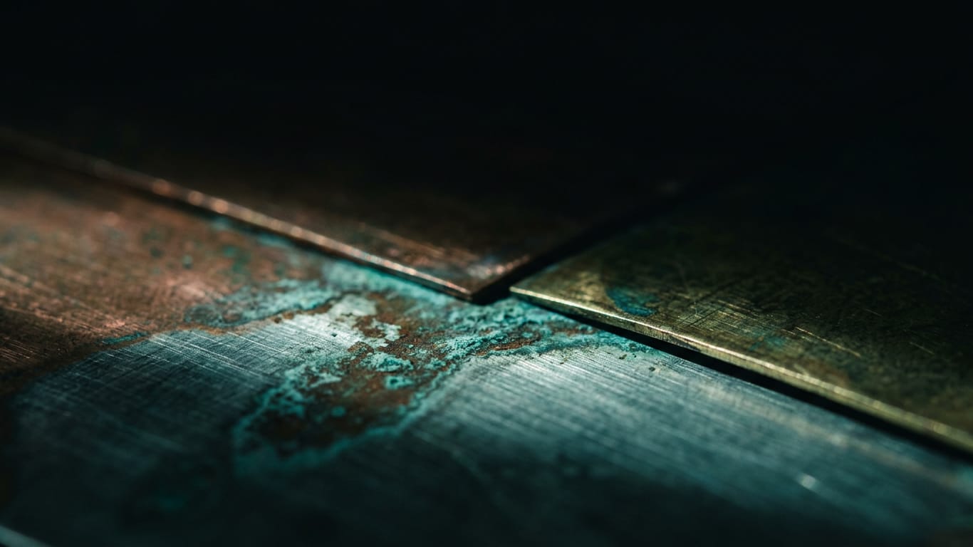 Illustration for this article: Buying AI services after 2 August 2026. Oxidised copper and patinated brass sheet, corrosion blooming across the surface.