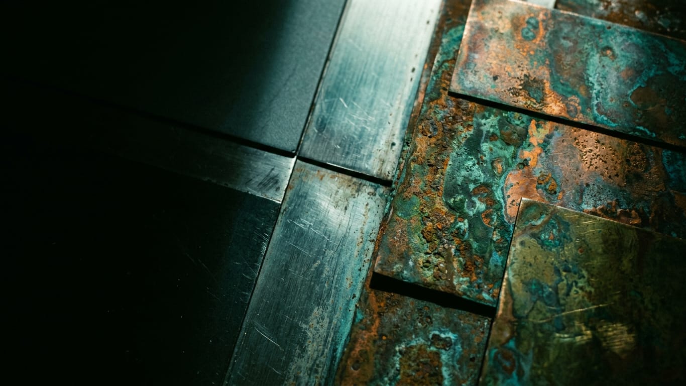 Illustration for this article: Choosing local versus cloud AI per workflow. Oxidised copper and patinated brass sheet, corrosion blooming across the surface.