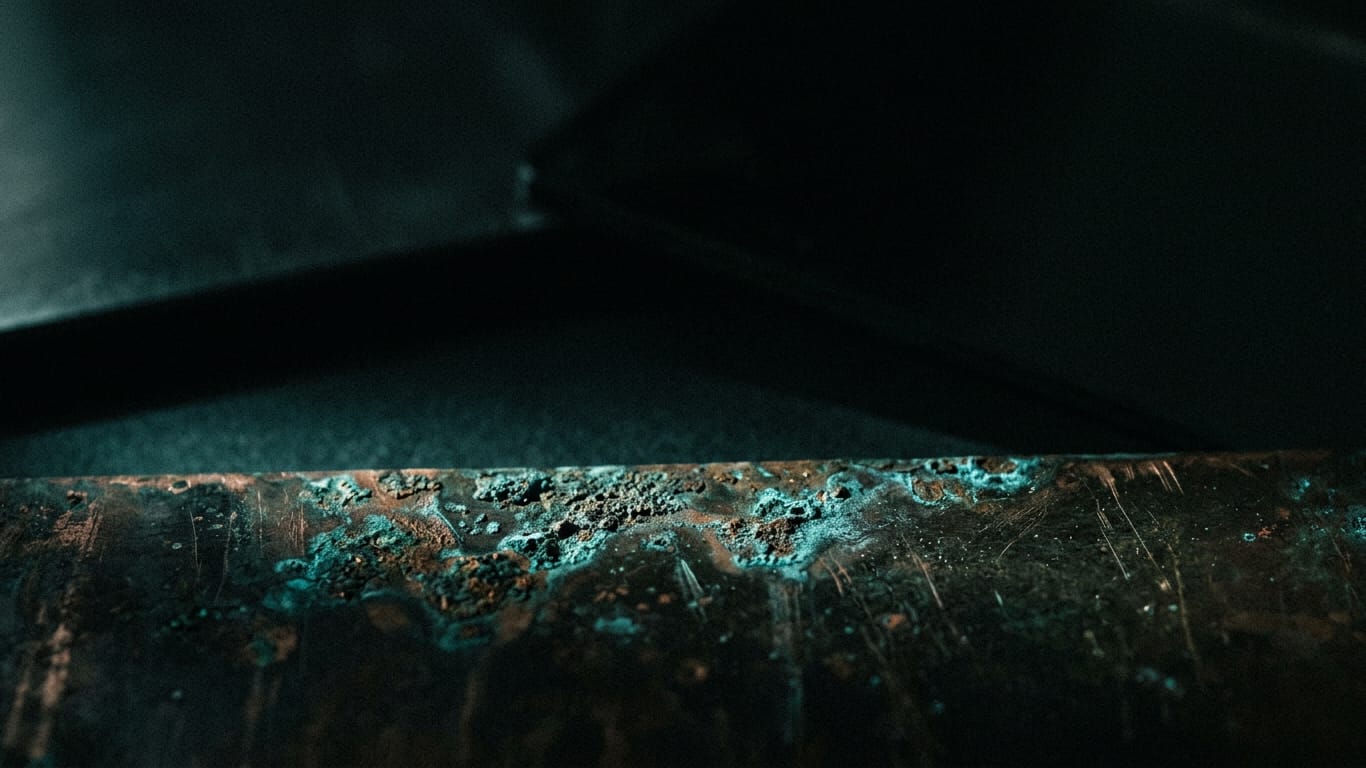 Illustration for this article: Cobelens warns of digital disruption. Oxidised copper and patinated brass sheet, corrosion blooming across the surface.