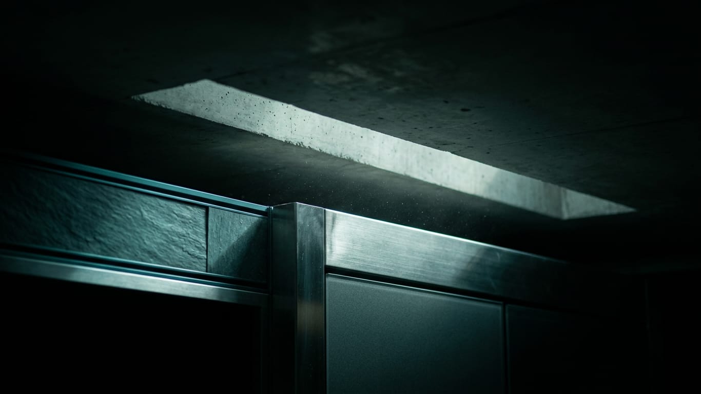 Illustration for this article: Confidential documents in AI workflows. A shaft of hard daylight crossing a raw concrete soffit, dust suspended in the beam.