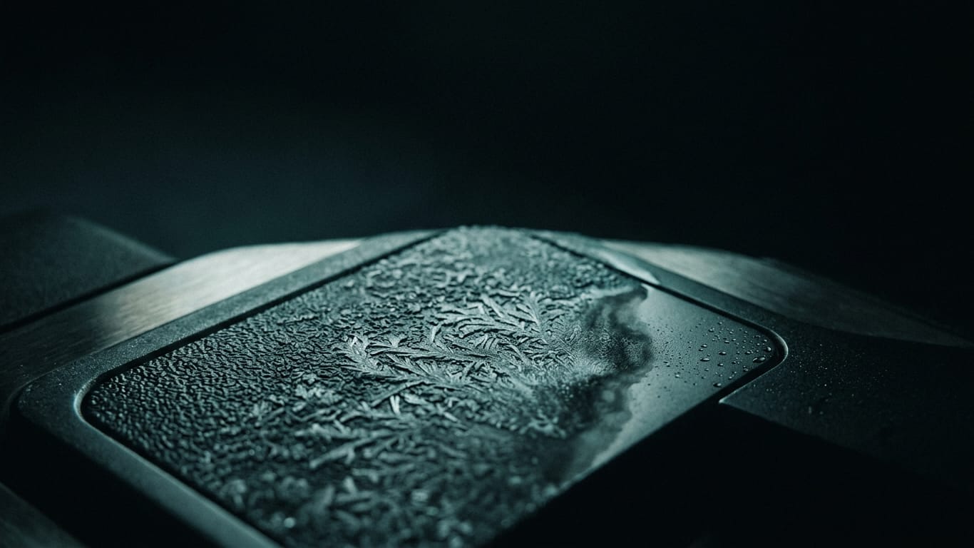 Illustration for this article: Court of Appeals quashes sentence over AI video. Frost crystals spreading across a dark anodised panel, one corner already thawed.