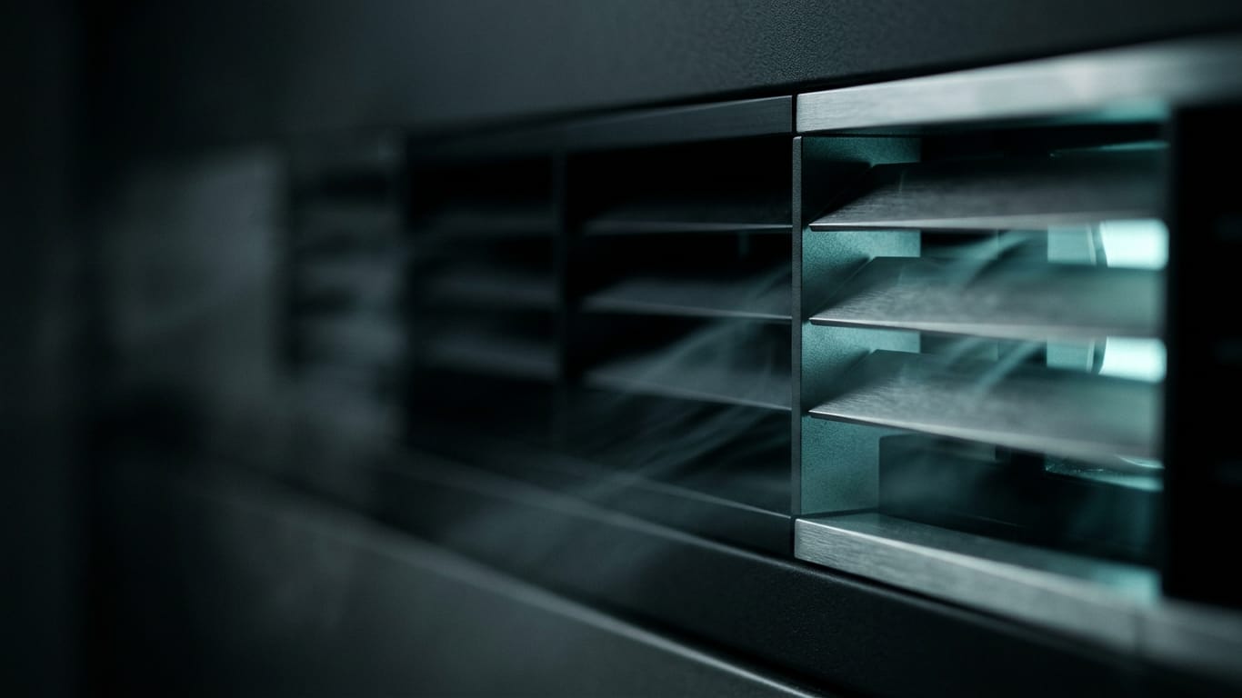 Illustration for this article: Cross-border data routes in AI become an explicit risk layer. A ventilation grille in deep shadow, cold air distorting the light passing through it.