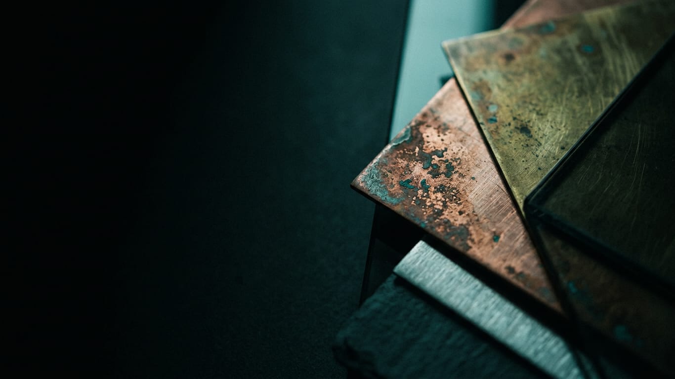 Illustration for this article: Deploying Saudi legal AI such as Clauze.AI. Oxidised copper and patinated brass sheet, corrosion blooming across the surface.