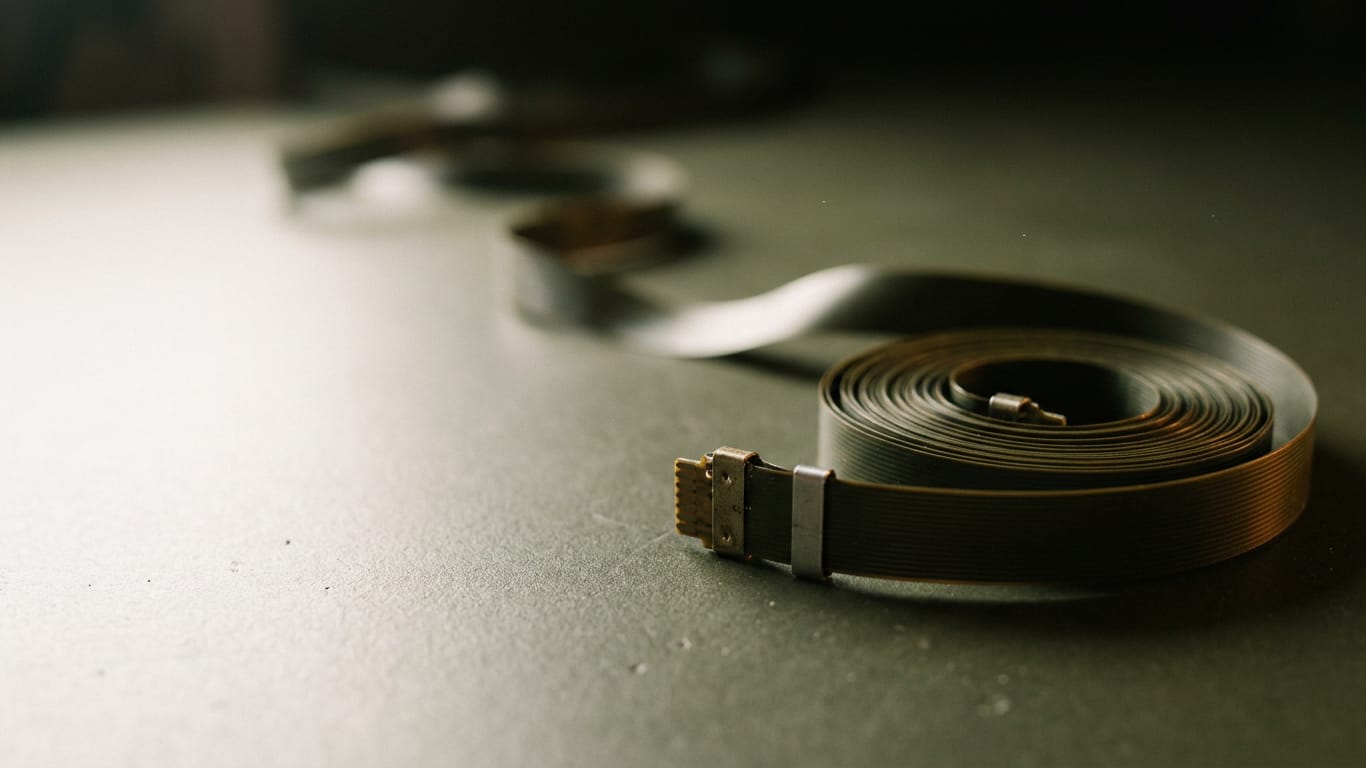 Illustration for this article: fines up to 15 million euros for providers of GPAI models from 2 August 2026. A coil of unbranded ribbon cable unspooling across a matte floor into darkness.