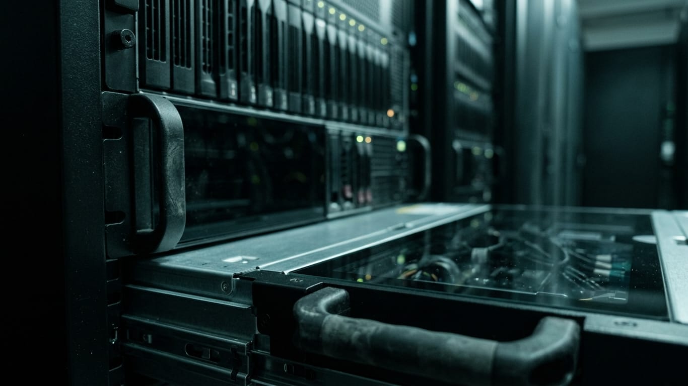 Illustration for this article: Exit and fallback for AI services. Rows of dark unbranded rack equipment receding down a narrow aisle, lit only by their own indicator glow.