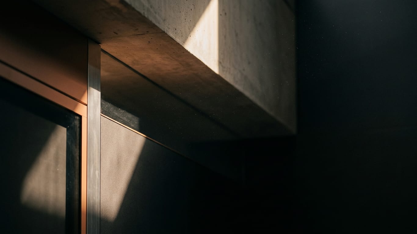 Illustration for this article: AI is Collapsing the Defensive Window. A shaft of hard daylight crossing a raw concrete soffit, dust suspended in the beam.