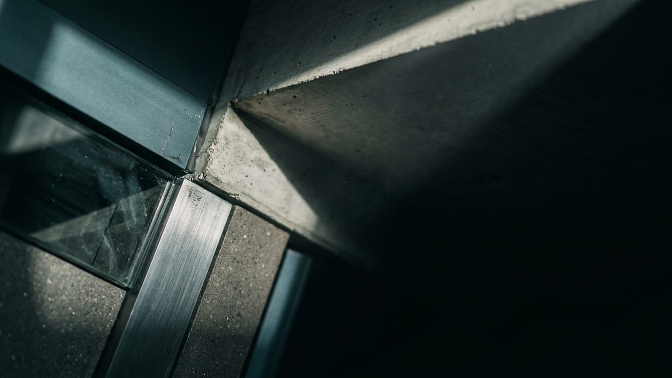 Illustration for this article: From logging obligation to reconstruction obligation. A shaft of hard daylight crossing a raw concrete soffit, dust suspended in the beam.