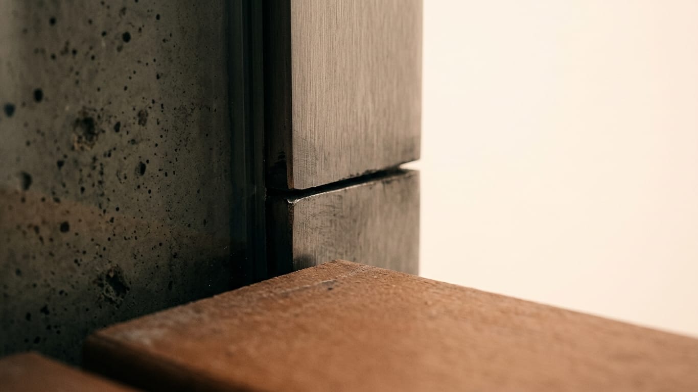 Illustration for this article: Hallucination detection for LLMs in 2026. Poured concrete meeting brushed steel at a tight seam, the joint slightly misaligned.