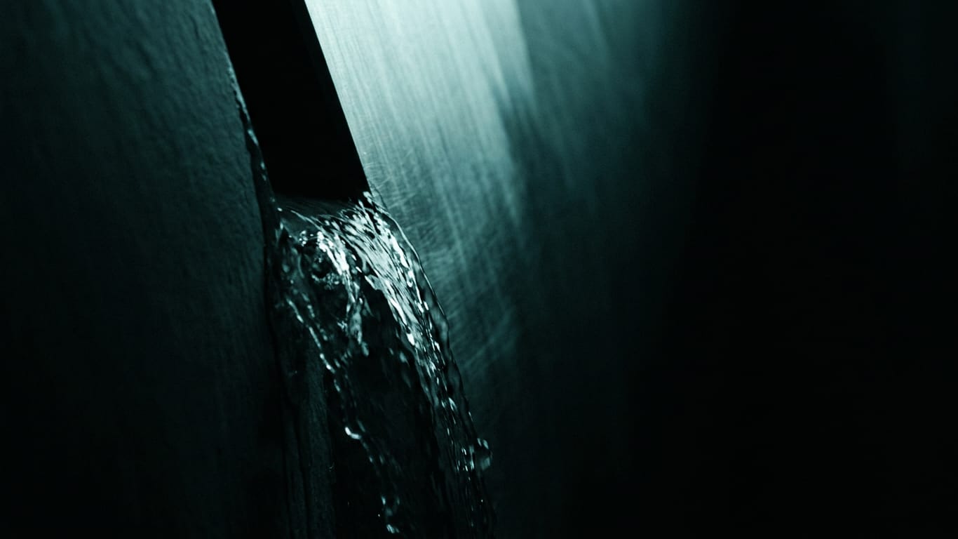 Illustration for this article: AI governance shifts from principles to concrete control duties. Water sheeting down a matte dark surface, breaking around an unseen obstruction.