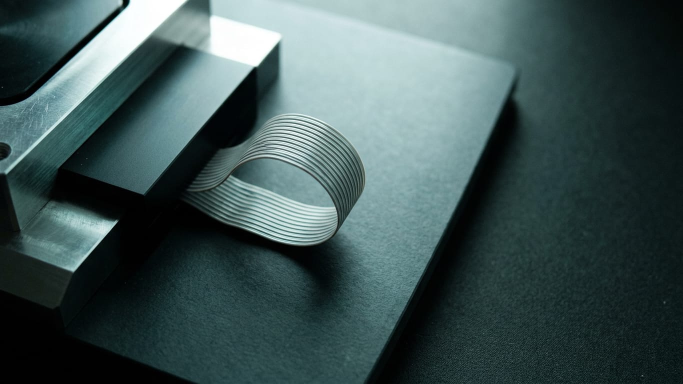 Illustration for this article: Independent evaluation of frontier models. A coil of unbranded ribbon cable unspooling across a matte floor into darkness.