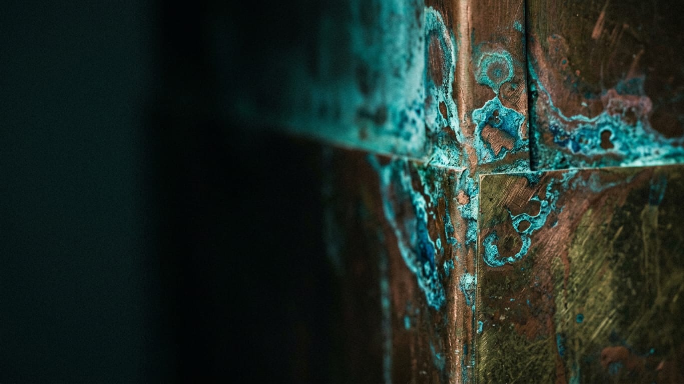 Illustration for this article: why AI privacy becomes a design question in 2026. Oxidised copper and patinated brass sheet, corrosion blooming across the surface.