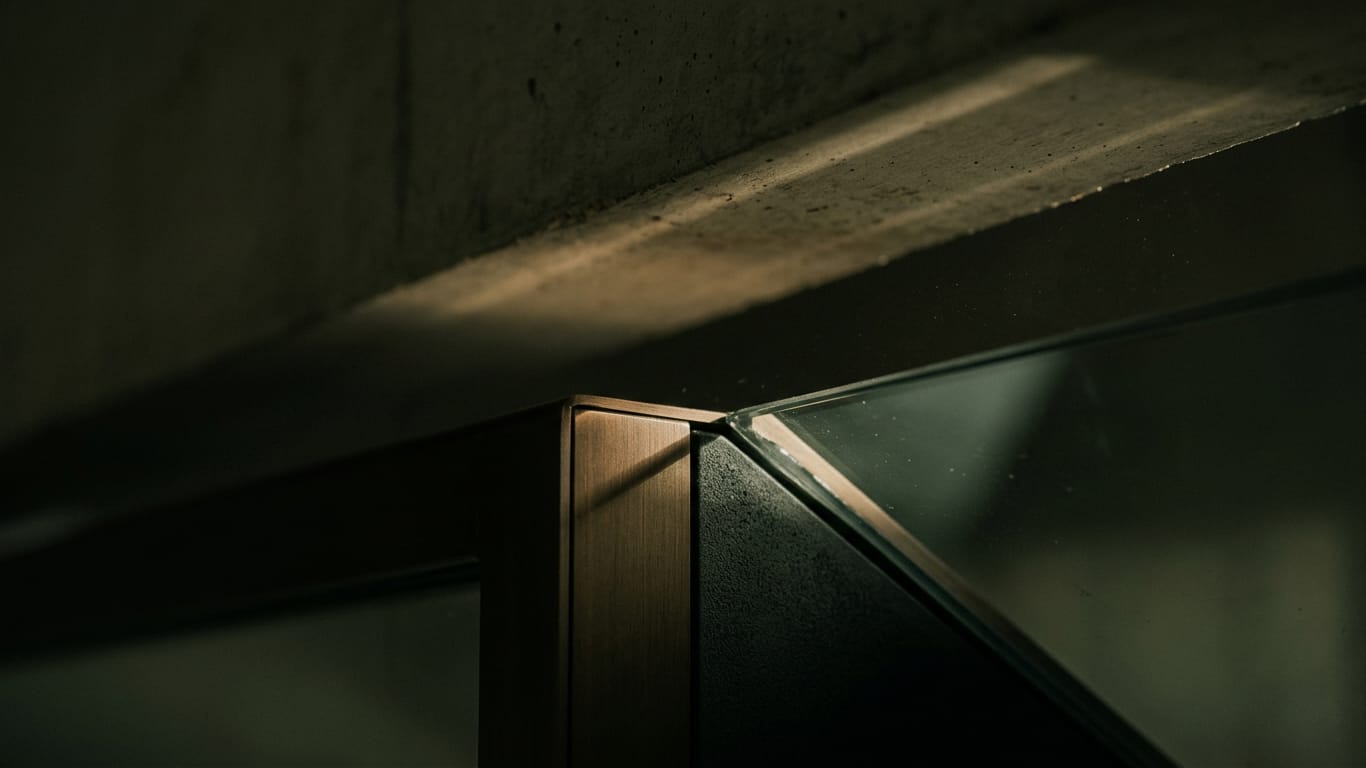 Illustration for this article: Marking AI content from 2 August 2026. A shaft of hard daylight crossing a raw concrete soffit, dust suspended in the beam.