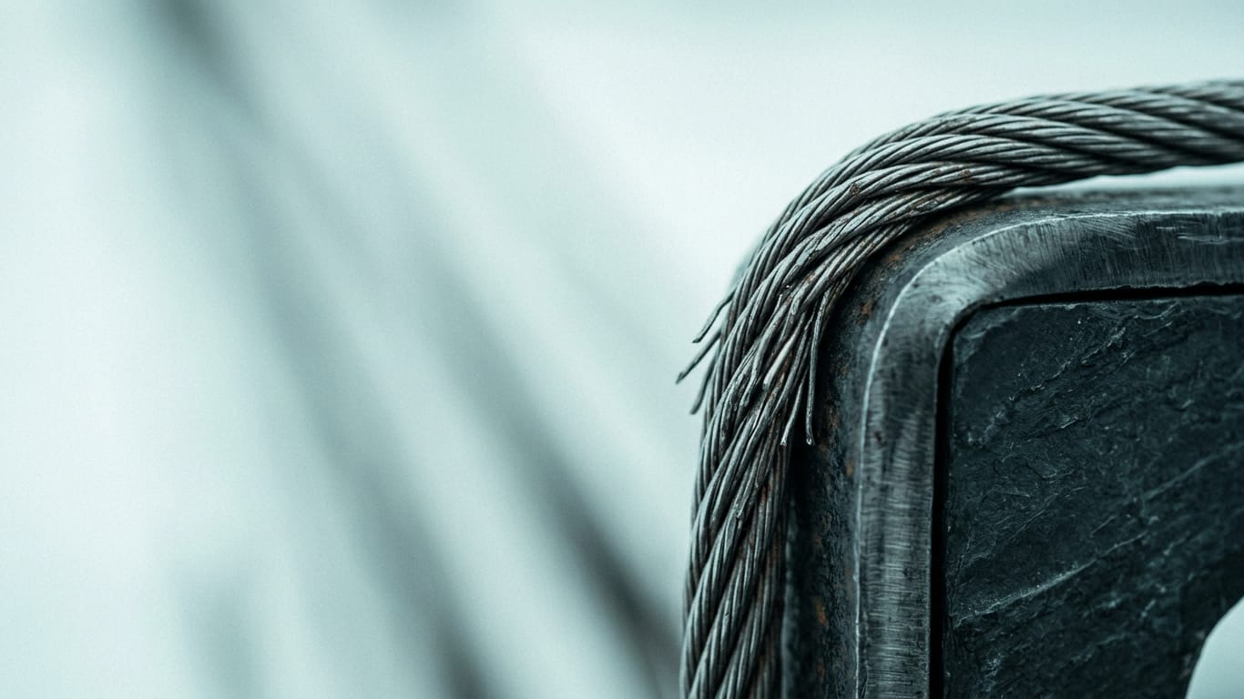 Illustration for this article: Microsoft says AI agents add to the attack surface. A steel cable under visible tension, strands separating where it passes over an edge.