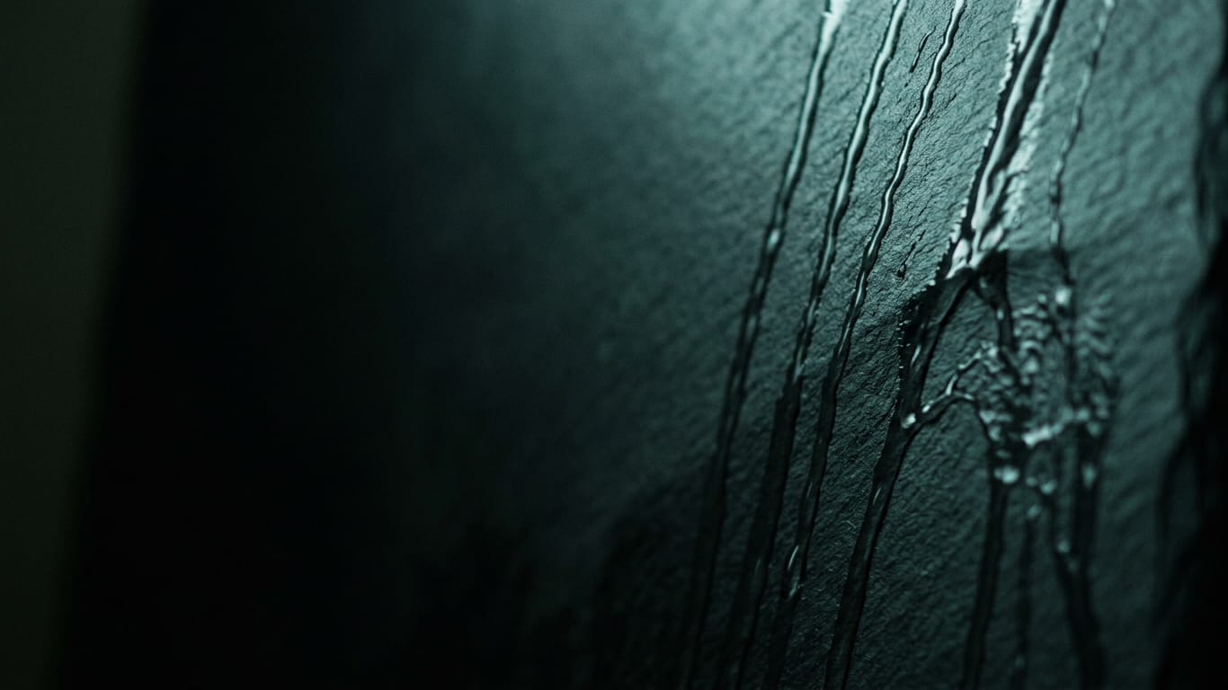 Illustration for this article: Nearly half of employees use personal AI for work. Water sheeting down a matte dark surface, breaking around an unseen obstruction.