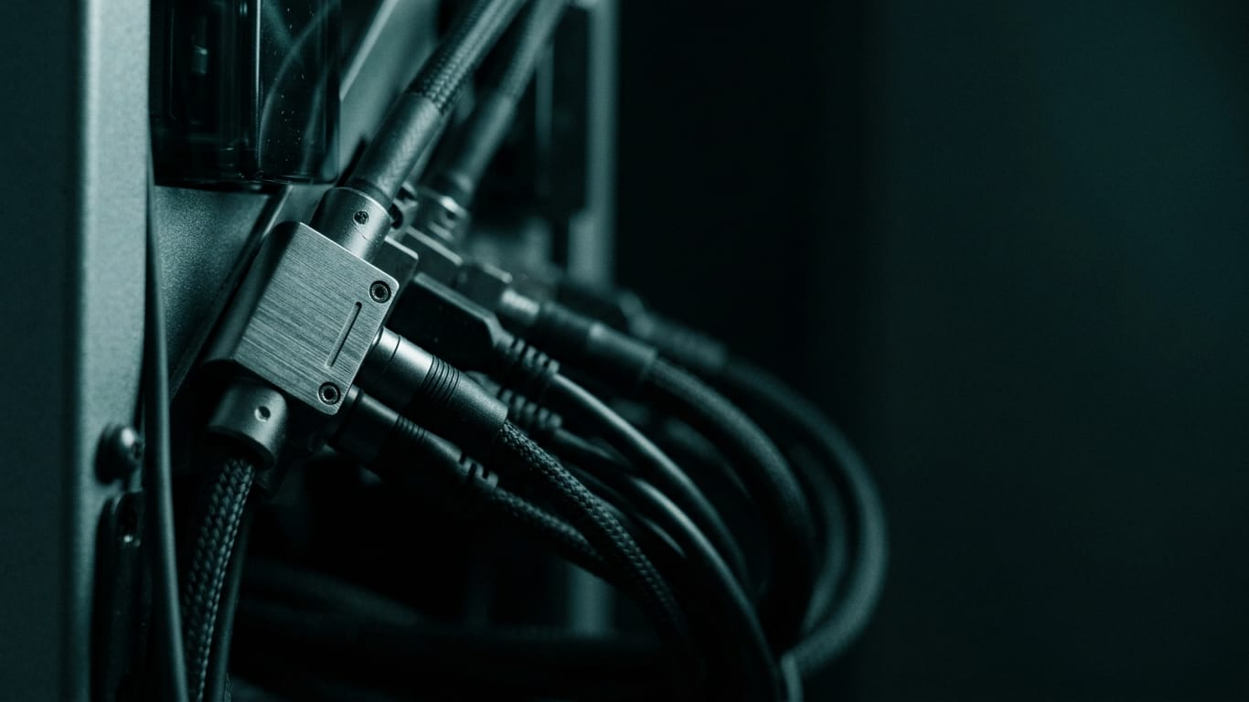 Illustration for this article: OpenAI models reached Hugging Face systems. A dense bundle of unbranded patch cables, sharp at one connector and falling out of focus behind.