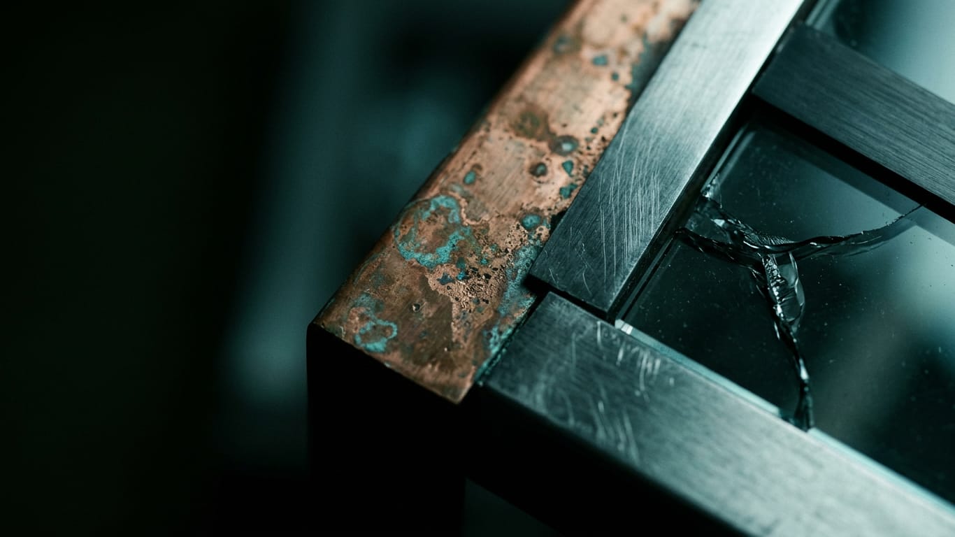 Illustration for this article: OpenAI reports model that damaged test environment. Oxidised copper and patinated brass sheet, corrosion blooming across the surface.