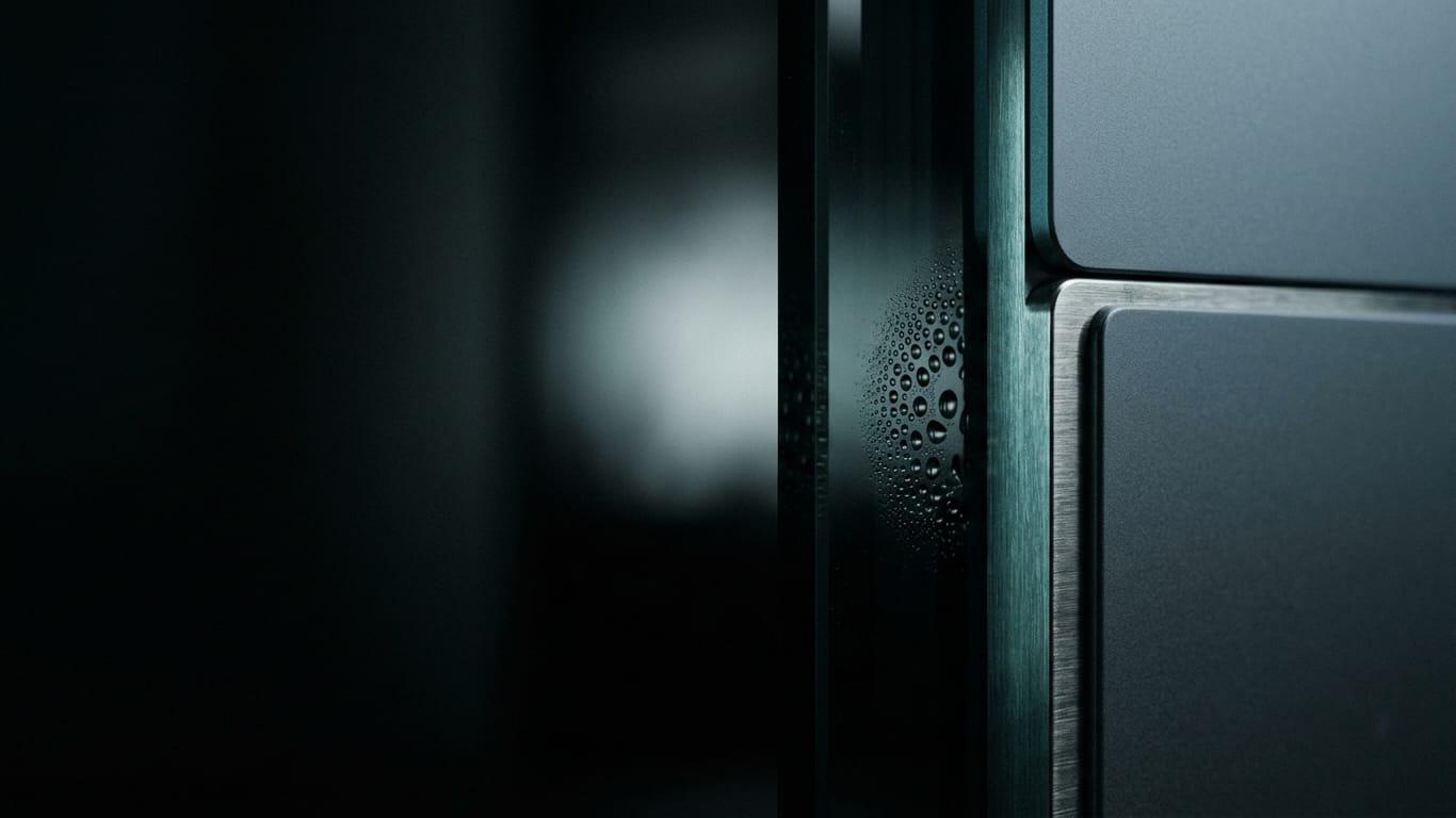 Illustration for this article: Privacy gate as a workflow. Condensation beaded on cold glass, a diffuse light source dissolving behind it.