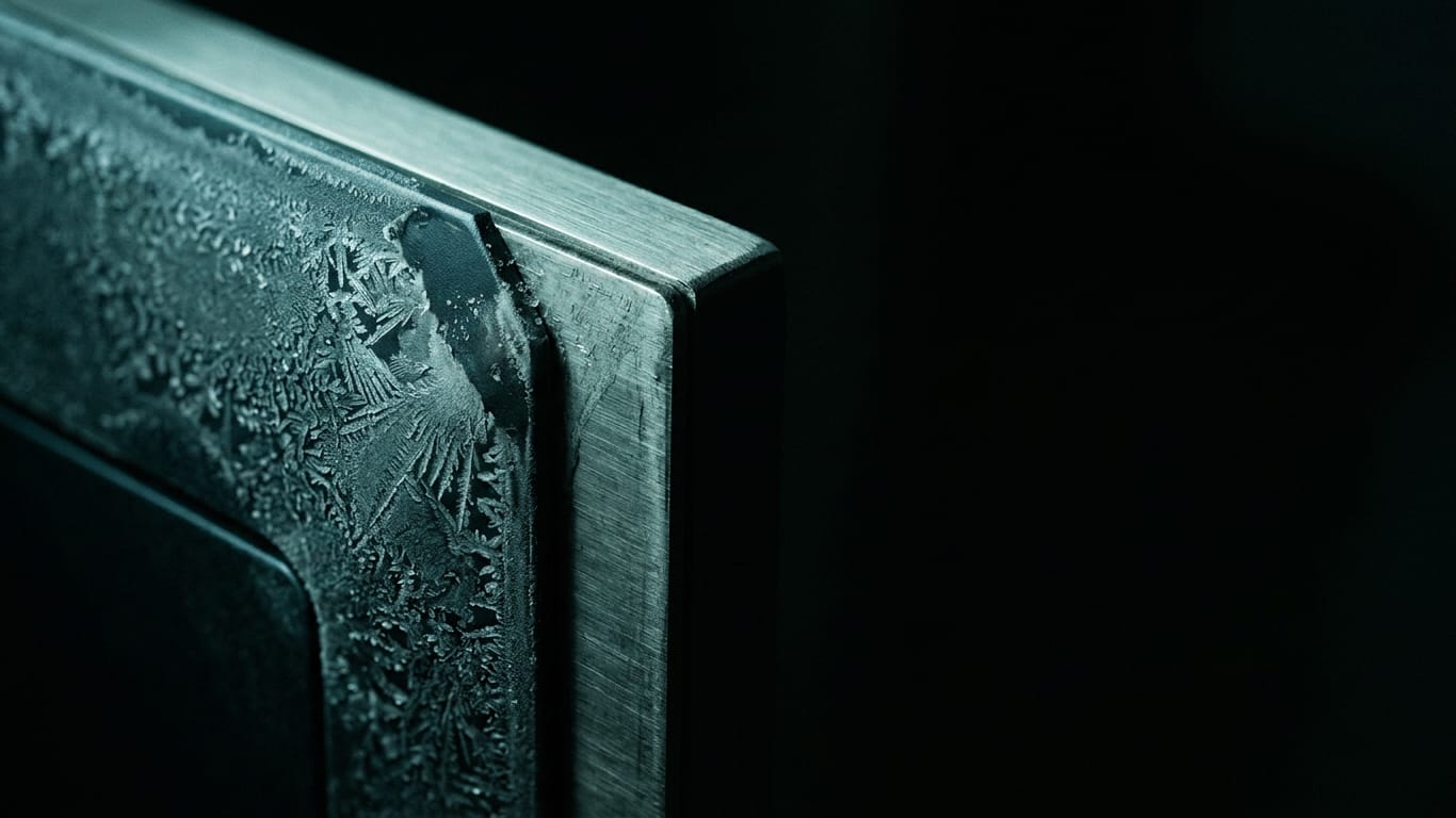 Illustration for this article: Privacy-sensitive information and AI. Frost crystals spreading across a dark anodised panel, one corner already thawed.