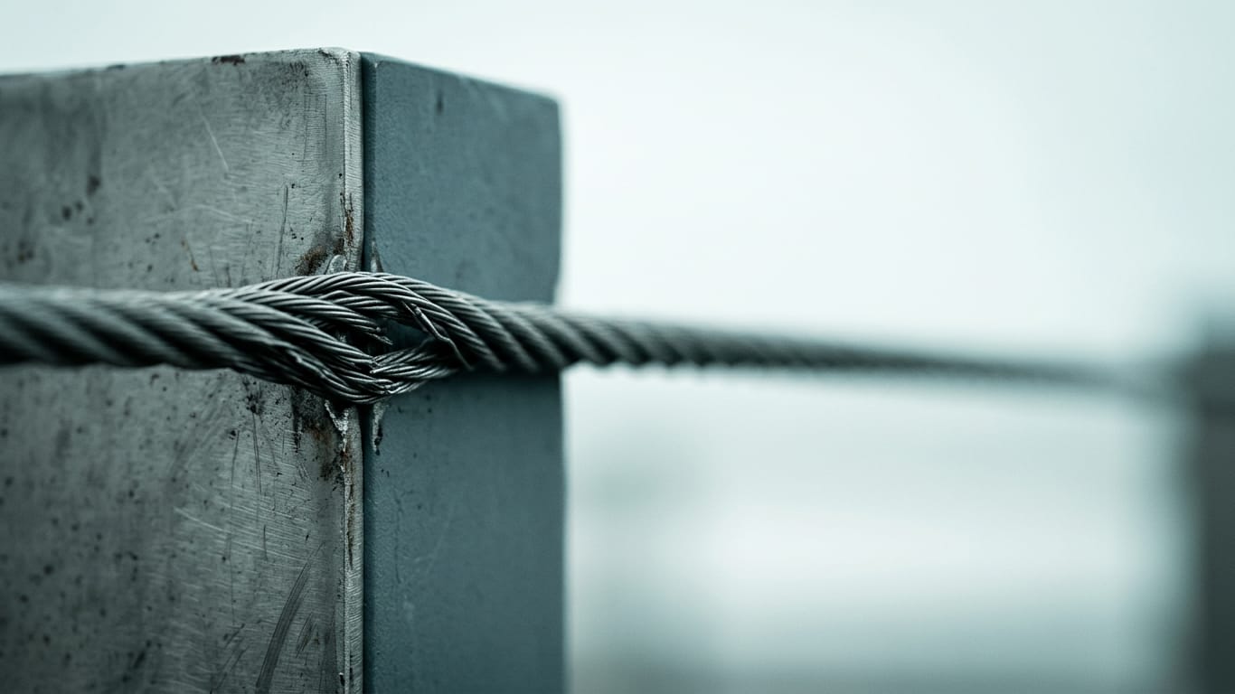 Illustration for this article: Retention Periods for AI Prompts, Outputs and Audit Logs Under the AI Act. A steel cable under visible tension, strands separating where it passes over an edge.