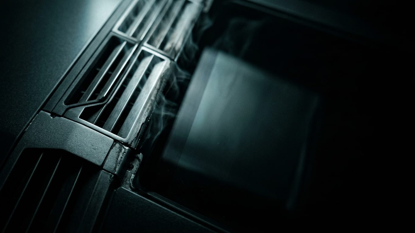 Illustration for this article: Setting up and maintaining a practical AI risk register in 2026. A ventilation grille in deep shadow, cold air distorting the light passing through it.
