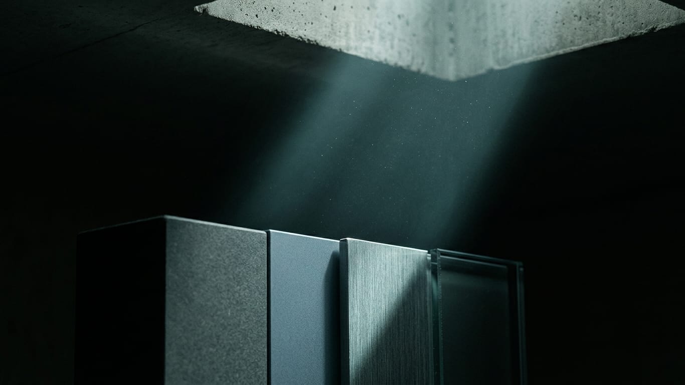 Illustration for this article: Setting up multi-model verification. A shaft of hard daylight crossing a raw concrete soffit, dust suspended in the beam.