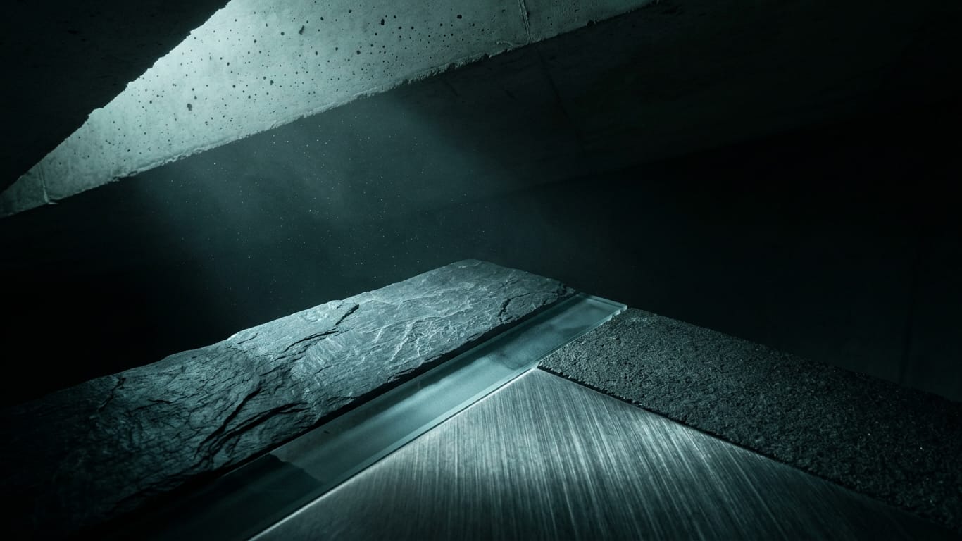 Illustration for this article: Standards body for AI safety testing. A shaft of hard daylight crossing a raw concrete soffit, dust suspended in the beam.