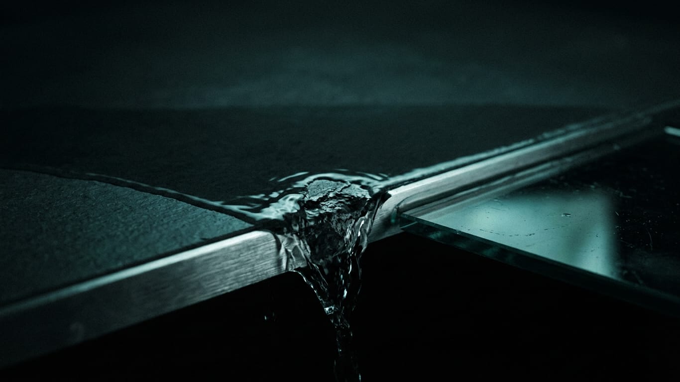 Illustration for this article: Summaries of legal files drop arguments. Water sheeting down a matte dark surface, breaking around an unseen obstruction.