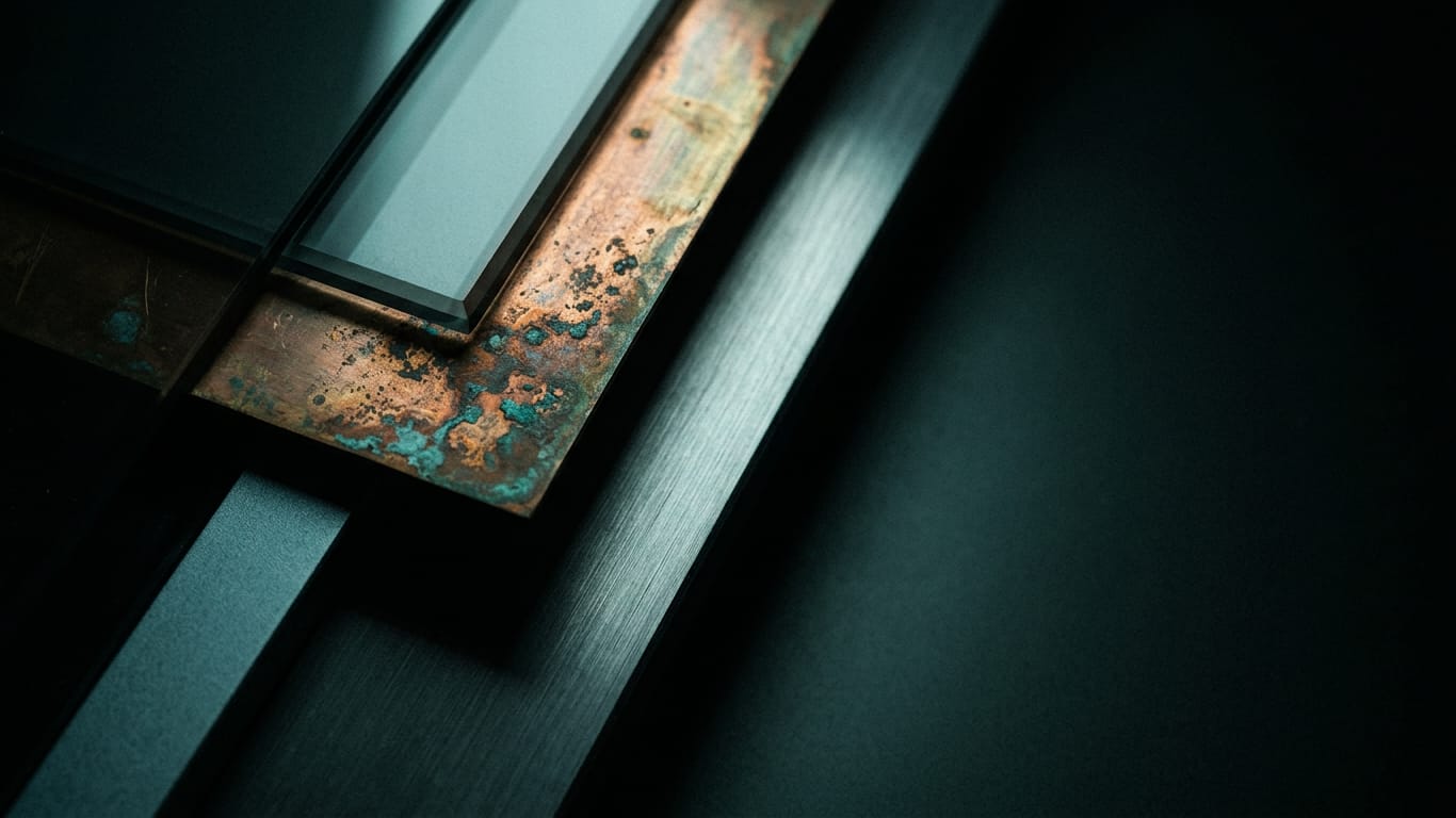 Illustration for this article: gap widens between firms operationalising AI and those falling behind. Oxidised copper and patinated brass sheet, corrosion blooming across the surface.