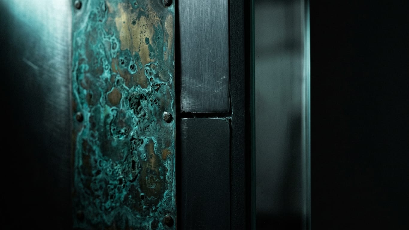 Illustration for this article: US states bring in AI laws despite tech industry lobbying. Oxidised copper and patinated brass sheet, corrosion blooming across the surface.