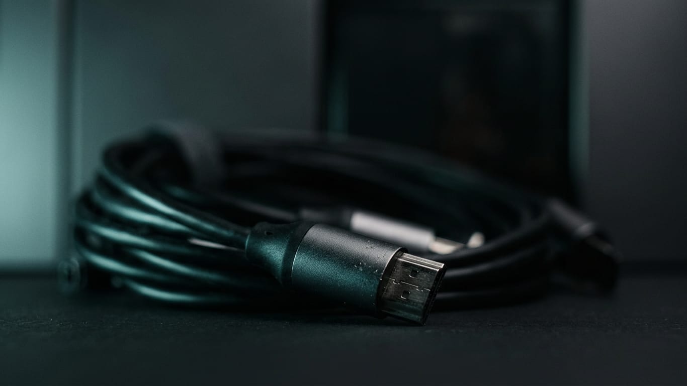 Illustration for this article: When does an AI system count as a discoverer?. A dense bundle of unbranded patch cables, sharp at one connector and falling out of focus behind.