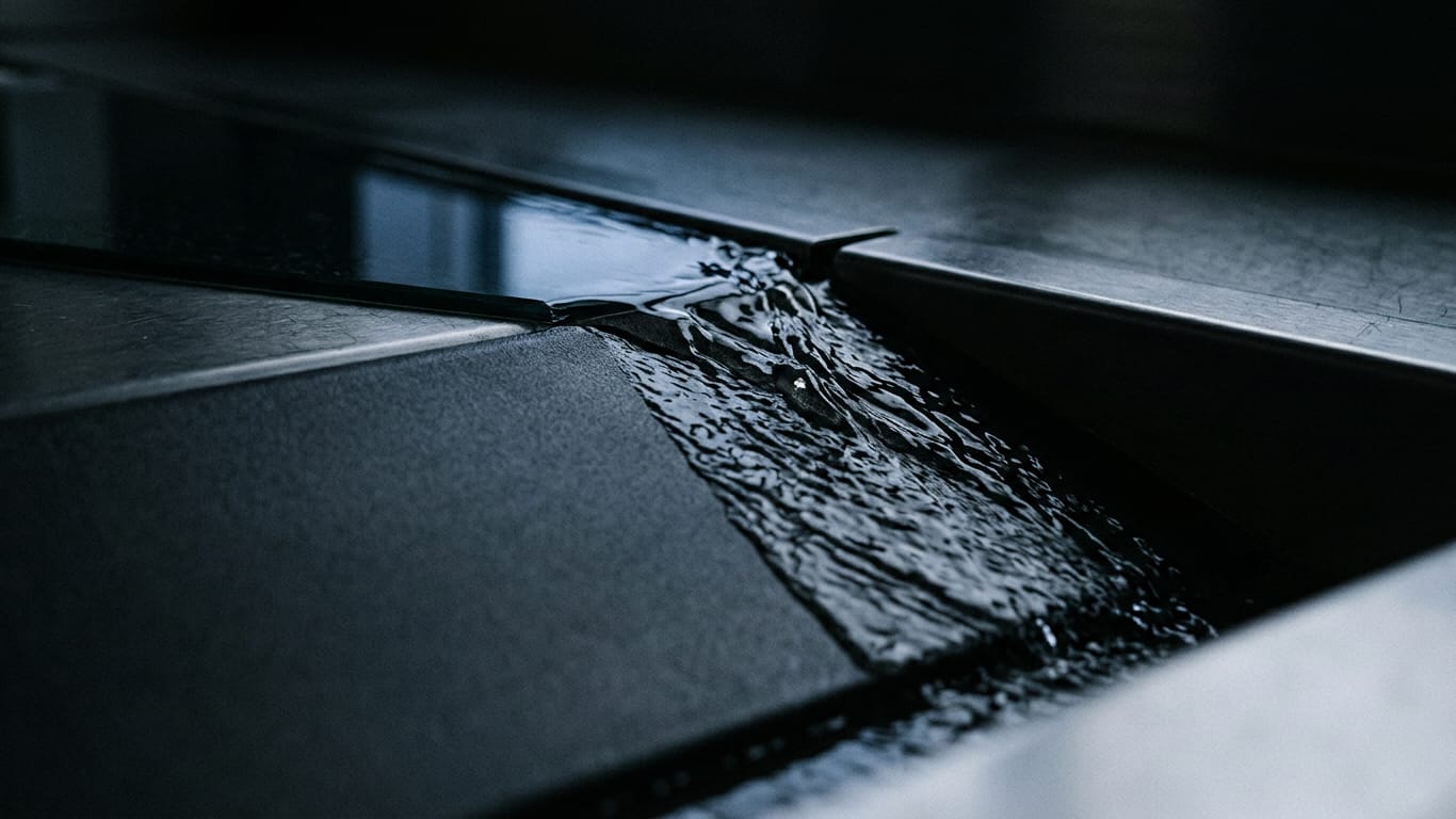 Illustration for this article: When is an anonymised dataset truly anonymous with AI?. Water sheeting down a matte dark surface, breaking around an unseen obstruction.