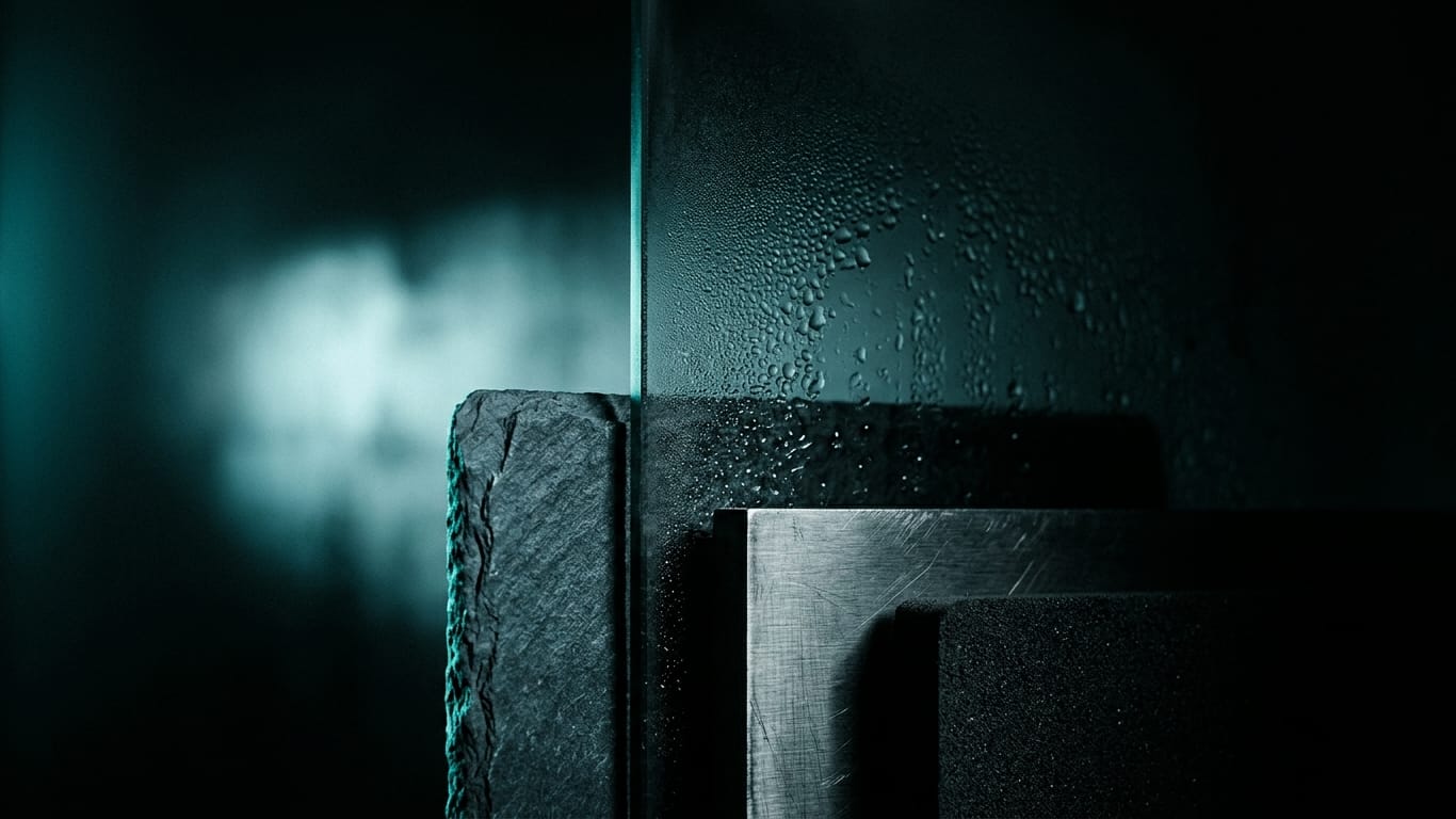 Illustration for this article: When your benchmark itself becomes a risk. Condensation beaded on cold glass, a diffuse light source dissolving behind it.
