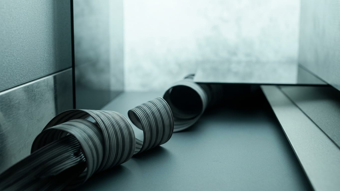 Illustration for this article: Who Is Accountable for AI Decisions? Regulators Draw the Line. A coil of unbranded ribbon cable unspooling across a matte floor into darkness.