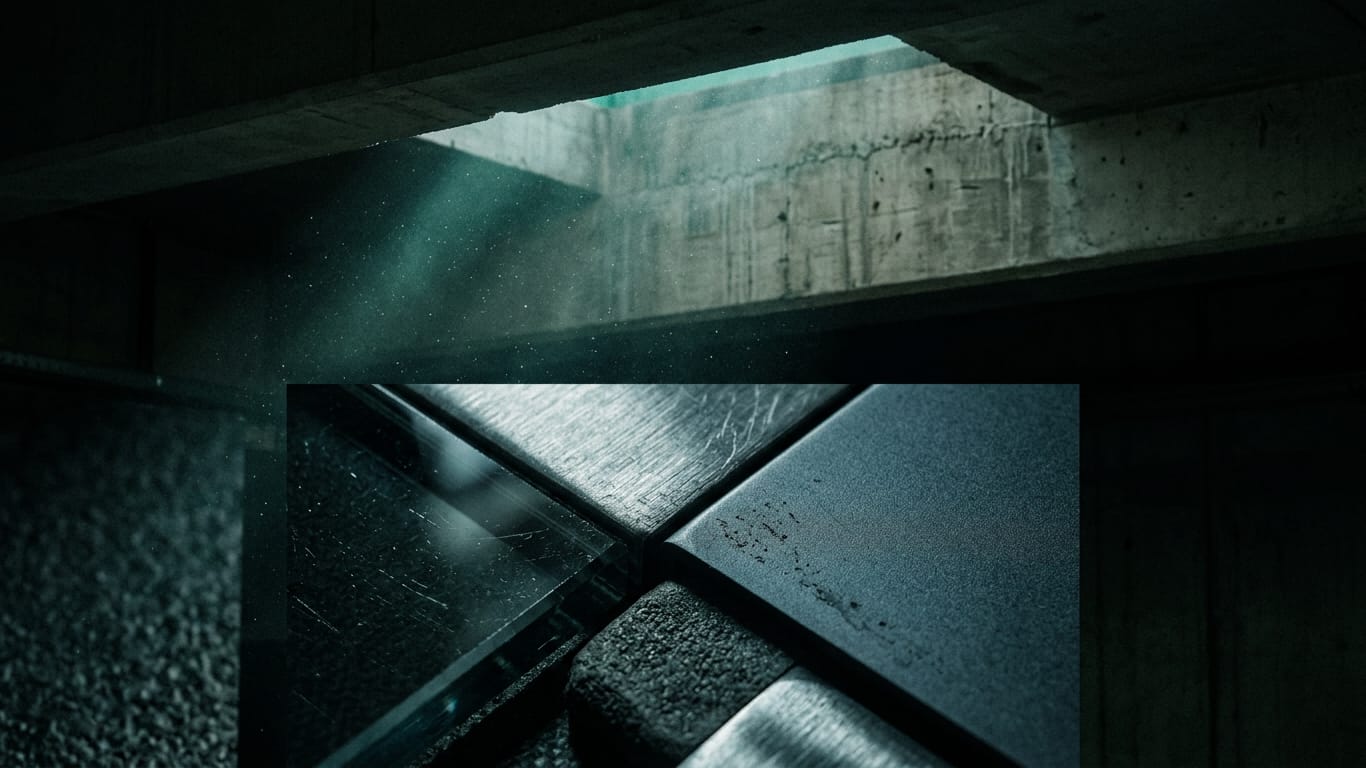 Illustration for this article: Why a C2PA label does not prove a deepfake is real. A shaft of hard daylight crossing a raw concrete soffit, dust suspended in the beam.