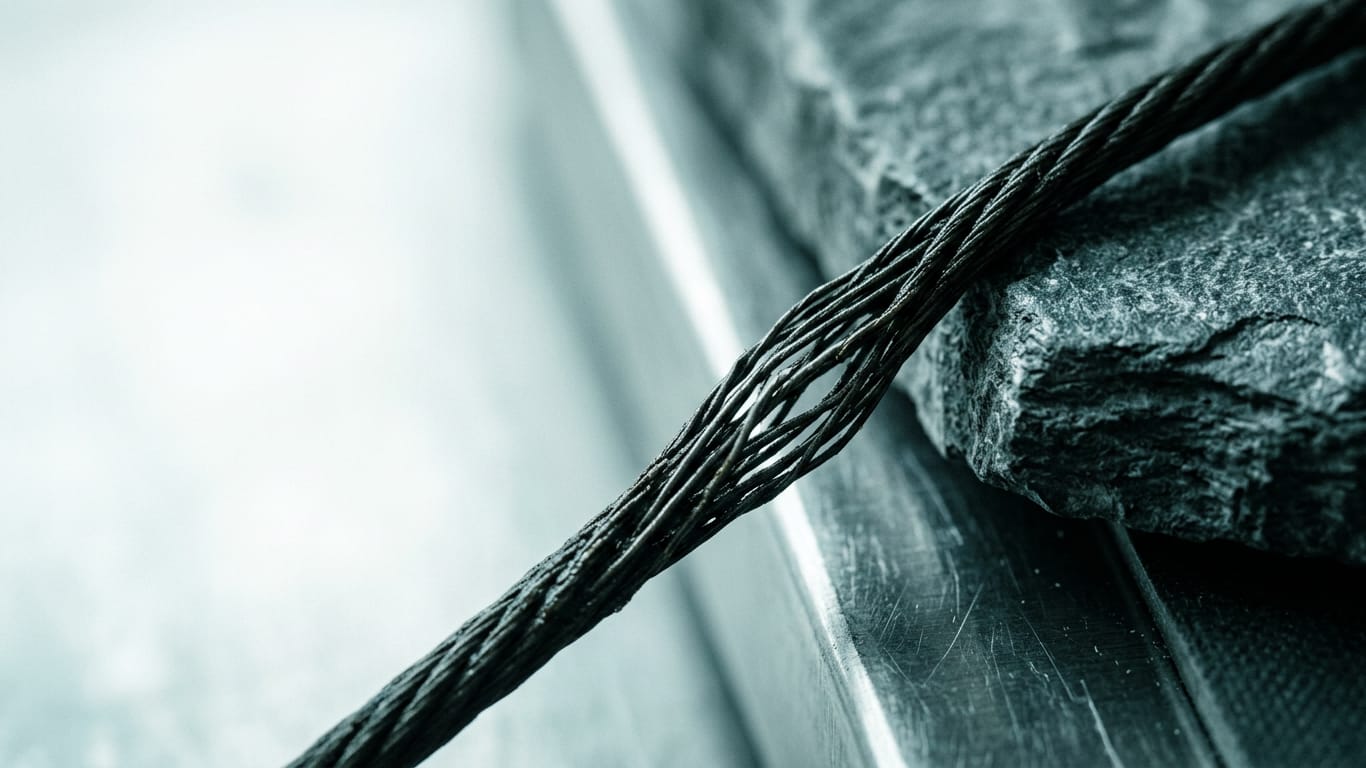 Illustration for this article: Why benchmark score is no proof for AI deployment. A steel cable under visible tension, strands separating where it passes over an edge.