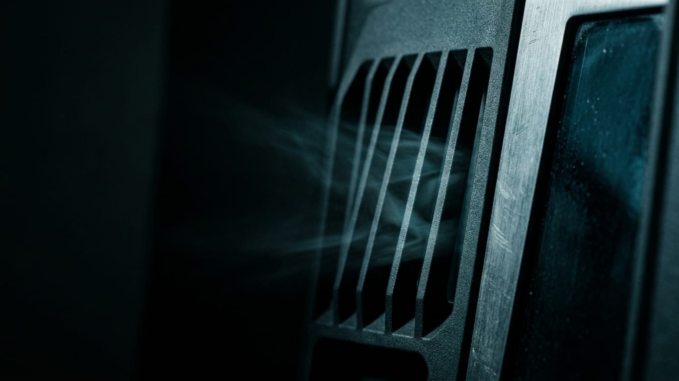 Illustration for this article: Why one AI model cannot reliably check its own answers. A ventilation grille in deep shadow, cold air distorting the light passing through it.